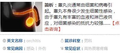 　　睪丸炎是男性生殖系統(tǒng)常見疾病，通常由細菌和病毒感染所引起。由于睪丸有豐富的血液和淋巴液供應，對細菌感染的抵抗力較強。睪丸本身很少發(fā)生細菌性感染，細菌性睪丸炎大多數(shù)是由于鄰近的附睪發(fā)炎引起，所以又稱為附睪睪丸炎。常見的致病菌是葡萄球菌、鏈球菌、大腸桿菌等。  　　而病毒則可以直接侵犯睪丸，z多見是流行性腮腺炎病毒，這種病原體主要侵犯兒童的腮腺。但是，這種病毒也好侵犯睪丸，所以往往在流行性腮腺炎發(fā)病后不久，出現(xiàn)病毒性睪丸炎。  　　睪丸炎在臨床上可分為急性化膿性睪丸炎和腮腺炎性睪丸炎兩種，其中以急性化膿性睪丸炎z為多見。引起睪丸炎的原因很多，譬如感染、外傷、腫瘤都可以引起。